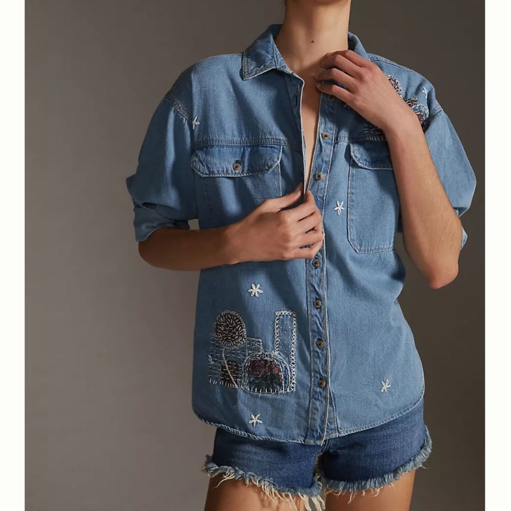 Pilcro Blue Embroidered Denim Top
